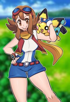 1girl :d blue_gloves blue_shorts blurry blurry_background brown_eyes brown_hair commentary eyelashes fingerless_gloves gen_2_pokemon gloves goggles goggles_on_head hand_on_own_hip highres instrument looking_at_viewer missandydandy nintendo on_shoulder open_mouth outline pichu pokemon pokemon_(creature) pokemon_on_shoulder pokemon_ranger:_guardian_signs pokemon_ranger_(series) scarf shirt short_shorts shorts sleeveless sleeveless_shirt smile summer_(pokemon) symbol-only_commentary teeth ukulele ukulele_pichu upper_teeth_only white_outline yellow_scarf