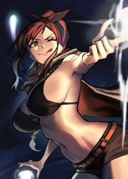 1girl black_hair braid braided_ponytail breasts cleavage green_eyes large_breasts licking_lips long_hair navel one_eye_closed re:zero_kara_hajimeru_isekai_seikatsu shaula_(re:zero) sideboob solo tongue tongue_out