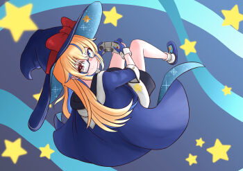 1girl black_shorts blonde_hair blue-framed_eyewear blue_cape blue_eyes blue_hair blue_hat blue_shoes cape closed_mouth commission controller game_controller glasses hat heterochromia highres holding holding_controller holding_game_controller indie_virtual_youtuber looking_at_viewer multicolored_hair red_eyes shirt shoes shorts skeb_commission smile solo star_(symbol) streaked_hair virtual_youtuber white_shirt witch_hat wiztella_etance zakki_anzu