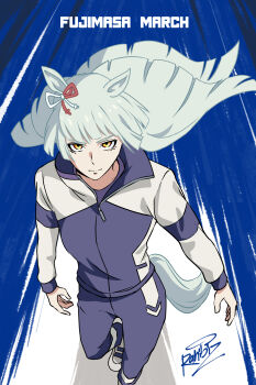 1girl absurdres animal_ears bow closed_mouth ear_ribbon fujimasa_march_(umamusume) grey_hair highres horse_ears horse_girl horse_tail jacket kasamatsu_tracen_training_uniform long_hair long_sleeves looking_at_viewer multicolored_jacket pants purple_jacket purple_pants purple_track_suit rahibizzz solo tail track_jacket track_pants track_suit two-tone_jacket umamusume umamusume:_cinderella_gray yellow_eyes