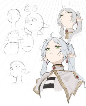 1girl absurdres capelet commentary cropped_head cropped_shoulders earrings elf english_commentary expressionless frieren gold_trim green_eyes grey_hair hair_over_shoulder head_back highres jewelry long_pointy_ears looking_up mbkona meme muted_color parted_bangs pointy_ears shirt simple_background sketch sousou_no_frieren striped_clothes striped_shirt teardrop_earrings thick_eyebrows twintails upper_body upward_angle_frieren_drawing_(meme) white_background white_capelet