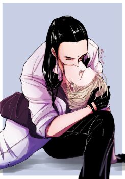 2boys bindi black_gloves black_hair blonde_hair blue_background closed_eyes earrings eyelashes final_fantasy final_fantasy_vii final_fantasy_vii_remake fingerless_gloves framed fujiko_one gloves hand_on_another's_head highres jewelry kiss long_hair lying lying_on_lap lying_on_person male_focus multiple_boys rufus_shinra short_hair simple_background sitting square_enix tseng turks_(ff7) twitter_username vest yaoi