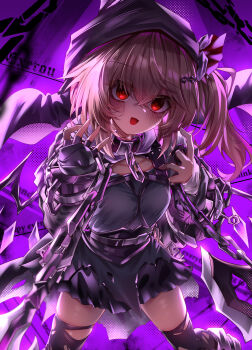 Rule 34 | 1girl, absurdres, alternate costume, artist name, ascot, backlighting, black ascot, black dress, black hat, black thighhighs, blonde hair, blush, breasts, chain, chain weapon, commentary request, crystal, crystal wings, dress, fang, flandre scarlet, hair ornament, hat, highres, long hair, long sleeves, looking at viewer, one side up, open mouth, purple background, red eyes, skin fang, small breasts, smile, solo, thighhighs, top-exerou, torn clothes, torn thighhighs, touhou, weapon, wings