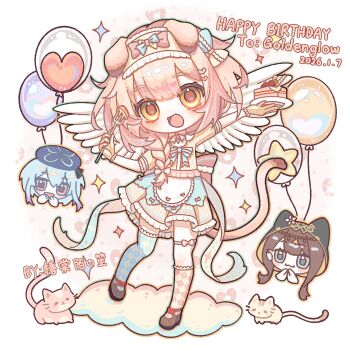 1boy 2girls :3 :d absurdres animal_ears arknights asymmetrical_legwear balloon blue_eyes blue_hair blue_thighhighs bow braid brown_hair cake cat cat_ears cat_girl cat_tail checkered_clothes checkered_legwear checkered_socks checkered_thighhighs chibi chibi_inset chinese_commentary chuntangmo_no_shou closed_mouth commentary_request creator_connection dated food fork frilled_hairband frills goldenglow_(arknights) hairband happy_birthday highres holding holding_fork holding_plate kneehighs long_hair mismatched_legwear mizuki_(arknights) multiple_girls open_mouth pepe_(arknights) pink_cat pink_eyes pink_hair pink_socks plate procreate_(medium) short_sleeves side_braid single_braid single_kneehigh single_sock single_thighhigh smile socks tail thighhighs variant_set white_wings wings yellow_cat yellow_eyes