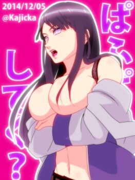 1girl bare_shoulders breast_hold breasts cleavage clothes convenient_censoring female_focus fictional_persona grey_eyes highres hime_cut hyuuga_hinata kajicka large_breasts lipstick long_hair makeup naruto:_road_to_ninja naruto_(classic) naruto_(series) naruto_shippuuden navel open_mouth purple_eyes purple_hair solo standing tongue