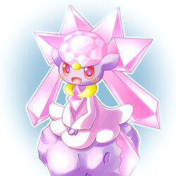 :d blush commentary_request diancie gen_6_pokemon legendary_pokemon looking_at_viewer mythical_pokemon nintendo no_humans open_mouth orange_eyes own_hands_together pokemon pokemon_(creature) purple_pupils putto smile solo tongue