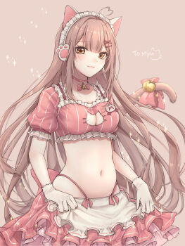 1girl animal_ears apron back_bow bell bow bow_choker breasts brown_background brown_eyes brown_hair cat_cutout cat_ears cat_girl cat_tail choker cleavage_cutout clothing_cutout commentary_request commission commissioner_name cowboy_shot crop_top frilled_shirt frilled_shirt_collar frilled_skirt frilled_sleeves frills gloves hair_ornament hairclip highleg highleg_panties highres indie_virtual_youtuber jingle_bell large_breasts light_smile long_hair looking_at_viewer maid_headdress midriff myu_mochizuki navel neck_bell oshamu panties panty_straps paw_hair_ornament pink_bow pink_choker pink_shirt pink_skirt puffy_short_sleeves puffy_sleeves shirt short_sleeves skeb_commission skirt skirt_hold solo sparkle standing tail tail_bell tail_bow tail_ornament underwear very_long_hair virtual_youtuber waist_apron white_apron white_gloves x_hair_ornament