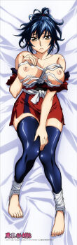 1girl bare_shoulders barefoot black_thighhighs blue_eyes breasts dakimakura_(medium) feet hands_on_own_breasts japanese_clothes large_breasts manyuu_chifusa manyuu_hikenchou nipples sarashi sweat tagme thighhighs thighs yellow_eyes