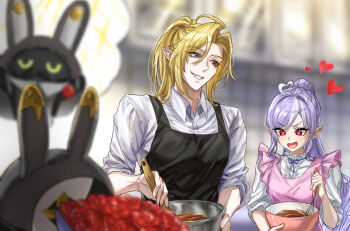 Rule 34 | 1boy, 1girl, alternate costume, alternate hairstyle, apron, bangboo (zenless zone zero), black apron, blonde hair, blurry, blurry background, bouquet, bowl, butler (zenless zone zero), chocolate making, commentary request, fang, flower, frilled apron, frills, grey eyes, hair between eyes, hair up, heart, heart-shaped pupils, heterochromia, highres, holding, holding bouquet, holding whisk, hugo vlad, long hair, looking at another, mixing bowl, mole, mole under eye, open mouth, pink apron, pointy ears, ponytail, purple hair, red eyes, robin (zenless zone zero), shirt, skin fang, sleeves rolled up, symbol-shaped pupils, user mskd2852, valentine, vivian banshee, whisk, white shirt, zenless zone zero