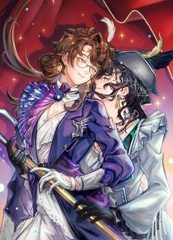 2girls behind_another black_gloves black_hair breasts brown_hair cane cleavage eye_contact face-to-face gloves green_eyes grey_hat grey_jacket grin hat highres holding holding_cane isolde_(and_all_that_jazz)_(reverse:1999) isolde_(reverse:1999) jacket jewelry kakania_(reverse:1999) kakania_(seminars_on_serenity)_(reverse:1999) long_hair looking_at_another looking_to_the_side multiple_girls mummeemeemama necklace profile purple_eyes purple_jacket red_background reverse:1999 round_eyewear shirt smile turning_head upper_body white_gloves white_shirt yuri