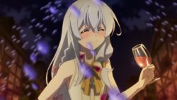 :d alcohol animated audible_speech blush cup drinking drinking_glass drunk elaina_(majo_no_tabitabi) english_audio food fruit grapes holding holding_cup holding_wand laughing long_hair magic majo_no_tabitabi night open_mouth outdoors rosemary_(majo_no_tabitabi) smile sound stain stained_clothes tagme video wand white_hair wine wine_glass