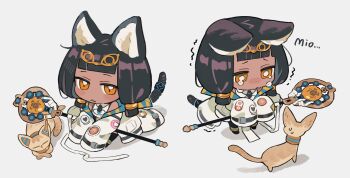 Rule 34 | 1girl, absurdres, animal ears, arknights, black hair, blush stickers, cat, cat ears, cat tail, chibi, chibi only, commentary, dark-skinned female, dark skin, dopperu ben, extra sleeves, highres, holding, holding staff, infection monitor (arknights), metal hair tubes, mio (beast lord) (arknights), simple background, sleeves past fingers, sleeves past wrists, staff, sweat, tail, tail ornament, tail ring, tears, titi (arknights), trembling, white background, yellow eyes