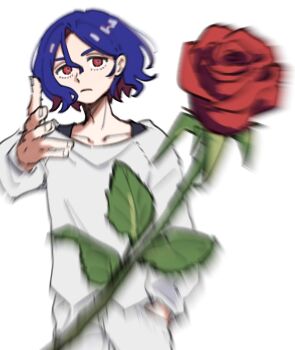 1boy blue_hair colored_inner_hair cowboy_shot flower gundam gundam_gquuuuuux hand_in_pocket karaage_unai looking_at_viewer lower_eyelashes_only male_focus meme motion_blur multicolored_hair purple_hair red_eyes red_flower red_rose rose shirt short_hair shuji_ito simple_background solo throwing tossing two-tone_hair white_background white_shirt woe_plague_be_upon_ye_(meme)