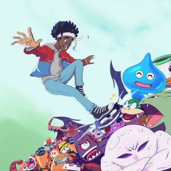 1boy afro album_cover artist_self-insert black_footwear black_hair blue_jacket brown_eyes character_request commentary cover crossed_arms crossover crying crying_with_eyes_open daisothefourth dark-skinned_male dark_skin denim dragon dragon_quest egg_pawn english_commentary fangs gen_2_pokemon grey_sweater headband highres humanization jacket jeans junior_clown_car kirby_(series) larry_koopa mario_(series) marx_(kirby) mega_man_(series) met_(mega_man) multicolored_jacket multiple_crossover nintendo one-eyed open_hands open_mouth pants parody piranha_plant pokemon pokemon_(creature) rayman rayman_(series) rayman_origins red_jacket sharp_teeth slime_(dragon_quest) smile solo_focus sonic_(series) sweater tears teeth two-tone_jacket tyranitar umbrella waddle_dee white_headband