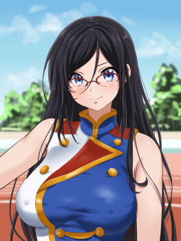 1girl absurdres black_hair blue_eyes blue_shirt blurry blurry_background blush breasts cloud day fuooooo glasses hair_between_eyes hibike!_euphonium highres large_breasts long_hair looking_at_viewer outdoors over-rim_eyewear red-framed_eyewear running_track semi-rimless_eyewear shirt sky sleeveless sleeveless_shirt smile solo tanaka_asuka tree two-tone_shirt very_long_hair