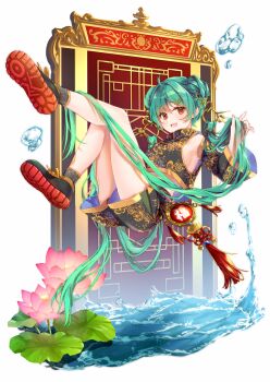 1girl :3 ahoge black_dress black_shirt black_shoes black_shorts breasts commentary commentary_request crop_top detached_hair detached_sleeves dress english_commentary floral_print flower full_body gradient_hair green_hair hair_ornament hairclip highres long_hair long_sleeves looking_at_viewer lotus mixed-language_commentary multicolored_hair open_mouth orange_hair original pink_flower red_eyes shirt shoes shorts sideboob solo tassel tojo_(natumi1412) tongue twintails very_long_hair water