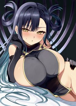 +_+ 1girl absurdres black_hair black_tabard blush breast_curtain breasts bright_pupils cable cross-shaped_pupils elbow_gloves gloves hair_horns hair_rings hand_on_own_cheek hand_on_own_face hand_on_own_hip highres huge_breasts kaoru_(h8qm9) kuniruri_natsuki naked_tabard nue_no_onmyouji sideboob solo star-shaped_pupils star_(symbol) sweat symbol-shaped_pupils tabard wire yellow_eyes