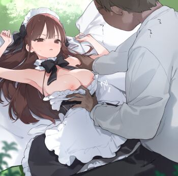 1boy 1girl apron armpits black_bow black_bowtie black_dress bow bowtie breasts brown_eyes brown_hair dark-skinned_male dark_skin dress fujiyama grabbing_another's_shoulder hair_bow highres long_hair lying maid maid_headdress nipples on_back original shirt sweat white_apron white_shirt