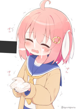 1boy 1girl ahoge bar_censor blue_sailor_collar blue_skirt brown_cardigan cardigan censored closed_eyes cum cum_on_body cum_on_hands cupping_hands facial flat_chest furrowed_brow hair_ornament hair_ribbon hairclip highres loli long_sleeves medium_hair neckerchief one_side_up open_cardigan open_clothes open_mouth original own_hands_together pink_hair ribbon sailor_collar sailor_shirt shirt skirt tearing_up white_ribbon white_shirt yellow_neckerchief yune_(ayanepuna) yuune_(ayanepuna)