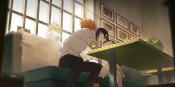 1boy 1girl black_choker black_pants black_socks blonde_hair bouquet cafe chainsaw_man choker commentary couch denji_(chainsaw_man) english_commentary face-to-face flower green_eyes highres indoors kuno_(runkunochan) on_couch pants plant potted_plant purple_hair reaching reaching_towards_another reze_(chainsaw_man) shirt sitting smile socks table white_shirt