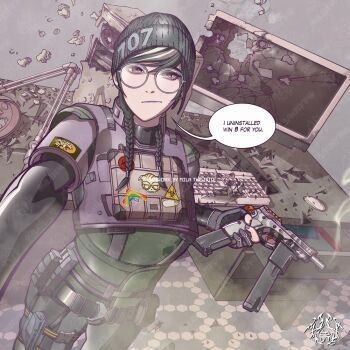 ammunition_pouch armor beanie belt black_hair bodysuit bullet_hole bulletproof_vest commentary computer desk dokkaebi_(rainbow_six_siege) english_commentary glasses gun handgun hat holding holding_gun holding_weapon holster looking_at_viewer mila_the_mute multicolored_hair non-web_source pouch rainbow_six_siege selfie speech_bubble streaked_hair thigh_holster two-tone_hair watermark weapon