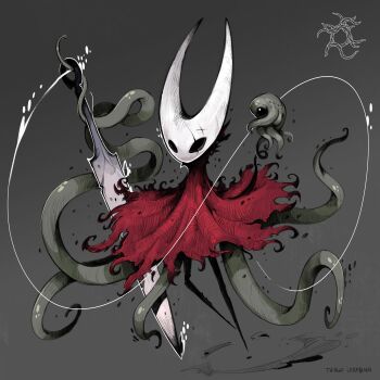 1girl absurdres arthropod_girl artist_name chinese_commentary cloak commentary_request crest_(hollow_knight) floating full_body highres holding holding_weapon holding_with_tentacle hollow_eyes hollow_knight hollow_knight:_silksong horned_mask hornet_(hollow_knight) horns mask needle_(hollow_knight) no_mouth red_cloak simple_background tentacles thiago_lehmann thread weapon white_background white_mask
