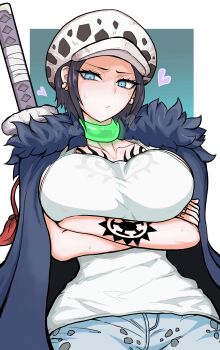 1girl 27_27tsk arm_tattoo arms_under_breasts black_hair blue_coat blue_eyes breasts chest_tattoo coat commentary_request genderswap genderswap_(mtf) hat heart highres large_breasts law-chan one_piece shirt short_hair solo sweat tattoo trafalgar_law white_hat white_shirt