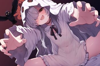 1girl :d bird black_ribbon blue_archive brown_halo cloak covered_navel crow dress ghost_costume grey_hair hair_over_one_eye halo highres hood hood_up hooded_cloak kanoe_(blue_archive) kohaku_rinne long_hair neck_ribbon open_mouth orange_eyes ribbon scar scar_on_neck smile solo white_cloak white_dress