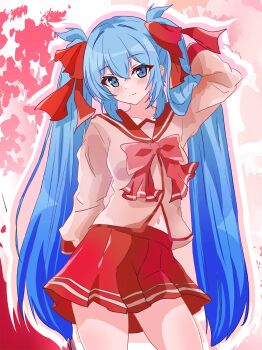 1girl absurdres amanotti_01 arm_up blue_eyes blue_hair blush bow bowtie brown_shirt closed_mouth commentary_request cowboy_shot hair_ribbon highres long_hair long_sleeves looking_at_viewer miniskirt navel original pink_bow pink_bowtie pleated_skirt red_ribbon red_sailor_collar red_skirt ribbon sailor_collar school_uniform serafuku shirt skirt smile solo split_mouth twintails very_long_hair