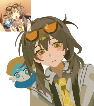 1boy 1girl absurdres animal_ears animal_nose black_vest blue_eyes blue_fur blush brown_hat bubbles_(honkai:_star_rail) chimera_(honkai:_star_rail) collared_shirt creature derivative_work grey_hair hair_between_eyes hat highres honkai:_star_rail honkai_(series) innertube long_hair looking_at_viewer necktie official_alternate_costume official_alternate_hairstyle open_clothes open_vest screenshot_redraw selvha shirt short_sleeves sidelocks simple_background stelle_(chimerric_park)_(honkai:_star_rail) stelle_(honkai:_star_rail) sun_hat swim_ring teeth trailblazer_(honkai:_star_rail) two-tone_fur upper_body vest white_background white_fur white_shirt yellow_eyes yellow_necktie