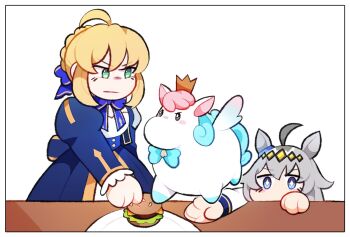 2girls ahoge animal_ears aqua_bow artoria_pendragon_(fate) blonde_hair blue_bow blue_dress blush_stickers border bow burger commentary confrontation crossover crown diamond_hairband dress english_commentary fate/stay_night fate_(series) floating food frilled_sleeves frills glaring grey_hair hair_bow highres honkai:_star_rail honkai_(series) horse_ears horse_girl in-franchise_crossover little_ica_(honkai:_star_rail) multicolored_hair multiple_girls oguri_cap_(umamusume) peeking_out pegasus pegasus_wings plate puffy_sleeves rewuyuu saber_(fate) saber_(honkai:_star_rail)_(fate) sidelocks simple_background sneaking sparkling_eyes standing table trait_connection two-tone_hair umamusume white_background white_border white_hair wings
