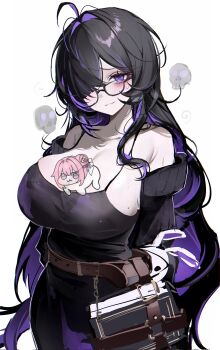 1girl 8x9_1t absurdres ahoge black_hair black_pants black_sweater black_tank_top breasts cleavage colored_inner_hair doro_(nikke) glasses goddess_of_victory:_nikke hashtag-only_commentary highres huge_breasts label_(nikke) long_hair looking_at_viewer multicolored_hair pants purple_eyes purple_hair simple_background skull solo sweater tank_top two-tone_hair very_long_hair white_background