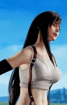 animated animated_gif black_hair closed_eyes detached_sleeves earrings final_fantasy hair_between_eyes jewelry long_hair lowres non-web_source pale_skin stomach suspenders tank_top tifa_lockhart victory_pose video_game white_tank_top