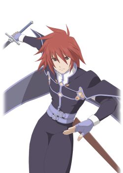 Rule 34 | 1boy, artist request, belt, brown eyes, cape, closed mouth, collared cape, commentary, cowboy shot, fingerless gloves, game cg, gloves, holding, holding sword, holding weapon, kratos aurion, looking at viewer, male focus, medium hair, multiple belts, official art, pants, purple belt, purple cape, purple gloves, purple pants, purple trim, red hair, sheath, solo, spiked hair, standing, sword, tales of (series), tales of asteria, tales of symphonia, third-party source, transparent background, weapon