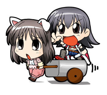 Rule 34 | 2000s (style), 2girls, :d, animal ears, azumanga daiou, black pantyhose, blue shorts, brown eyes, brown jacket, cat ears, chibi, chibi only, coat, commentary request, cosplay, droopy ears, fishnet pantyhose, fishnets, full body, fur-trimmed coat, fur trim, grey eyes, grey hair, jacket, kasuga ayumu, medium hair, merchant (ragnarok online), merchant (ragnarok online) (cosplay), multiple girls, nagisuke, open mouth, pantyhose, pink skirt, pullcart, ragnarok online, raised inner eyebrows, red coat, red shoes, rogue (ragnarok online), rogue (ragnarok online) (cosplay), shirt, shoes, short shorts, shorts, simple background, skirt, smile, takino tomo, v-shaped eyebrows, white background, white shirt, wristband