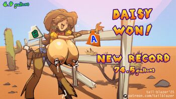 1girl animated animated_gif breasts cactus closed_eyes cowboy_hat cowboy_western earrings female_focus fence gameplay_mechanics gloves gun hat huge_breasts jewelry lactation long_hair mario_(series) mario_party milking nintendo nipples princess_daisy solo tail-blazer weapon
