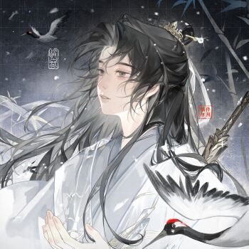 1boy absurdres bamboo bird black_eyes black_hair chinese_clothes expressionless eyelashes fingernails floating_hair guodong_buguoqiu hair_ornament hair_stick hanfu highres jian_(weapon) lips long_hair looking_afar male_focus open_hand original parted_bangs parted_lips solo square sword upper_body weapon white_hanfu wind
