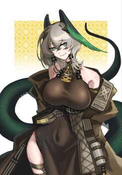 1girl arknights black_dress breasts dress feathered_wings grey_hair head_wings highres ho&#039;olheyak_(arknights) ho&#039;olheyak_(ritual_of_immortality)_(arknights) large_breasts long_dress medium_hair side_slit snake_girl snake_tail solo tail wings yuec