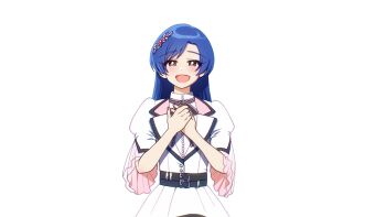 Rule 34 | 1girl, 24takokai10, :d, belt, belt buckle, black belt, blue hair, blush, brown eyes, buckle, buttons, collar, collared dress, commentary request, dot nose, dress, eyelashes, flat chest, forehead, frilled sleeves, frills, hands up, highres, idolmaster, idolmaster (classic), idolmaster million live!, idolmaster million live! theater days, kisaragi chihaya, long hair, looking at viewer, neck ribbon, official alternate costume, open mouth, own hands together, parted bangs, pink collar, puffy short sleeves, puffy sleeves, ribbon, short sleeves, sidelocks, simple background, smile, solo, straight-on, straight hair, upper body, white background, white collar, white dress