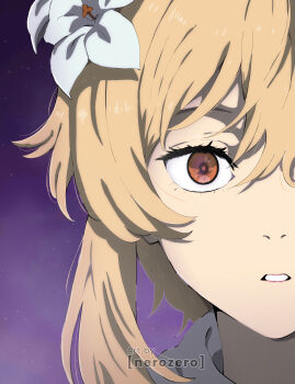 1boy 1girl absurdres aether_(genshin_impact) artist_name blonde_hair close-up eye_reflection flower genshin_impact hair_between_eyes hair_flower hair_ornament hashtag-only_commentary highres lumine_(genshin_impact) nerozero open_mouth orange_eyes portrait purple_background reflection solo_focus split_crop white_flower