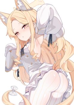1girl absurdres animal_ear_fluff animal_ears arm_up armpits ass blonde_hair blue_archive commentary_request cross_halo detached_sleeves dress ear_wreath forehead fox_ears fox_girl fox_tail halo highres long_hair looking_at_viewer necktie panties pantyhose seia_(blue_archive) short_necktie sleeveless sleeveless_dress sleeves_past_fingers sleeves_past_wrists small_rabbit solo striped_clothes striped_pantyhose tail underwear vertical-striped_clothes vertical-striped_pantyhose white_background white_dress white_panties yellow_halo