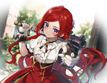 Rule 34 | 1girl, aiming, aiming at viewer, commentary, flower, gloves, gun, hair flower, hair ornament, higeki no genkyou tonaru saikyou gedou last boss joou wa tami no tame ni tsukushimasu, holding, holding gun, holding sword, holding weapon, long hair, looking at viewer, nyoro (nyoronyoro000), outdoors, over shoulder, pink flower, pride royal ivy, purple eyes, red hair, shirt, short sleeves, smile, solo, sword, weapon, weapon over shoulder, white gloves, white shirt
