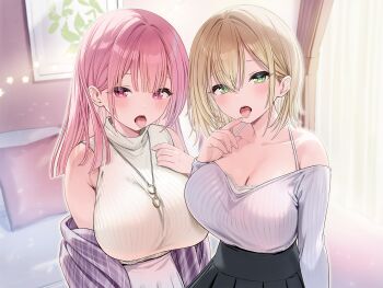 Rule 34 | 2girls, black skirt, blonde hair, blunt ends, blush, bra strap, breasts, cleavage, collarbone, curtains, doorway, green eyes, hair between eyes, highres, indoors, jewelry, large breasts, long hair, long sleeves, looking at viewer, multiple girls, necklace, open mouth, original, pink eyes, pink hair, plaid clothes, plaid shawl, pleated skirt, purple shawl, purple sweater, ribbed sweater, sakuma shiki, shawl, skirt, sleeveless, sleeveless sweater, sweater, tongue, tongue out, white skirt, white sweater