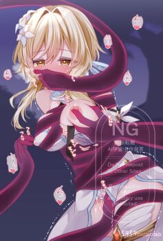 1girl arms_behind_back bdsm between_legs black_background black_sky blonde_hair bloomers blue_feathers blush bondage bound box_tie breast_slip breasts clothed_sex cloud commentary_request constriction covered_erect_nipples covered_mouth covering_another&#039;s_mouth deep_skin dress elasticity feather_hair_ornament feathers flower genshin_impact grabbing_another&#039;s_breast groping hair_flower hair_intakes hair_ornament hand_between_legs hand_tentacles heart heavy_breathing hetero highres large_breasts lumine_(genshin_impact) moaning multicolored_flower nipple_rub nipple_stimulation nipples nose_blush numomo-san paid_reward_available raised_inner_eyebrows rape rerir_(genshin_impact) sky solo sound_effects spoken_heart strapless strapless_dress tears tentacles translation_request trembling two-tone_flower unaligned_breasts underwear watermark white_bloomers white_dress white_flower yellow_eyes