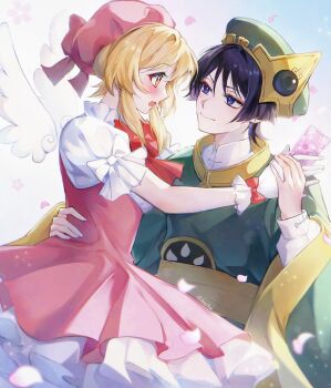 Rule 34 | 1boy, 1girl, absurdres, angel wings, avesaoi, black hair, blonde hair, blunt ends, blush, bow, card, cardcaptor sakura, chinese clothes, closed mouth, cosplay, crossover, detached wings, dress, embarrassed, eyelashes, eyeliner, eyeshadow, falling petals, fang, fingernails, frilled gloves, frilled sleeves, frills, genshin impact, glove bow, gloves, gold, green hat, green sleeves, hair intakes, hand on another's hip, hat, hetero, highres, holding, holding card, holding hands, kinomoto sakura, kinomoto sakura (cosplay), large bow, layered dress, layered sleeves, li syaoran, li syaoran (cosplay), long sleeves, looking at another, lumine (genshin impact), makeup, mandarin collar, multicolored hair, open mouth, petals, pink dress, pink hat, pink petals, pleated dress, puffy sleeves, purple eyes, purple hair, red bow, red eyeliner, red eyeshadow, sash, scaramouche (genshin impact), short hair, short hair with long locks, short sleeves, sidelocks, sideways mouth, skin fang, sleeve bow, smile, streaked hair, sweatdrop, tareme, tsurime, twitter username, white background, white bow, white dress, white gloves, white sleeves, white wings, wide sleeves, wings, yellow eyes, yellow sash, yellow trim