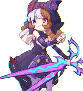 Rule 34 | 1girl, :3, animal ears, bare shoulders, black dress, blue eyes, blush, brown hair, detached sleeves, dress, drill hair, fake animal ears, gimgug (01o6koko), gwen (league of legends), hashtag-only commentary, heterochromia, highres, holding, holding scissors, league of legends, multicolored hair, oversized object, red eyes, scissors, smile, solo, soul fighter gwen, striped sleeves, twin drills, twintails, white hair