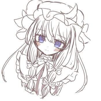 1girl beni_hari1110 blue_eyes blush bow bowtie closed_mouth commentary crescent crescent_hat_ornament cropped_shoulders frilled_shirt_collar frills greyscale hair_bow hat hat_ornament hat_ribbon highres long_hair looking_at_viewer mob_cap monochrome multiple_hair_bows patchouli_knowledge ribbon sidelocks simple_background sketch smile solo spot_color striped_clothes touhou vertical-striped_clothes white_background