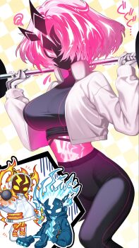 ass breasts commentary_request cropped_jacket duel_monster electricity elemental_(creature) enmo_takeshita exercising gloves hair_over_one_eye highres jacket large_breasts lightning_elemental lightning_hair long_sleeves open_clothes open_jacket pants pink_eyes pink_hair short_hair sports_bra sportswear spright_blue spright_carrot spright_red squatting thighs tight_clothes weightlifting white_jacket yoga_pants yu-gi-oh!