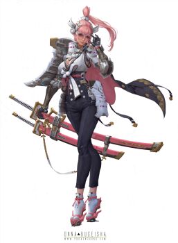 1girl adjusting_eyewear arm_at_side armor artist_name black_pants black_trim blunt_bangs breasts cleavage closed_mouth crossed_legs cyberpunk cyborg eyes_visible_through_hair floating_clothes floating_hair full_body geisha grey-framed_eyewear grey_eyes hair_ornament high_heel_sandals high_ponytail highres holding holding_sword holding_weapon japanese_armor katana lips long_hair looking_at_viewer mechanical_arms medium_breasts multiple_swords nose original pants pink-tinted_eyewear pink_hair pink_lips pom_pom_(clothes) ponytail realistic ribbon rope rope_anklet rope_around_waist round_eyewear samurai sandals science_fiction shoulder_armor sidelocks simple_background socks solo standing sword tabi tank_top tinted_eyewear turning_around waist_ribbon watermark watson_cross weapon web_address white_background white_ribbon white_socks white_tank_top yu_cheng_hong zipper