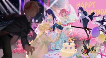 3boys 3girls absurdres aether_(genshin_impact) ahoge alternate_costume alternate_universe animal_ears artist_request balloon birthday black_pantyhose blonde_hair blue_background blue_eyes blunt_bangs blurry blush braid closed_eyes closed_mouth clumsy collared_shirt commission couple crown depth_of_field dress english_text formal_clothes fox_ears fox_girl friends genshin_impact hair_between_eyes hair_down hair_ornament hair_ribbon hands_on_another&#039;s_head happy_birthday headpat high_heels highres holding_hands japanese_clothes kaedehara_kazuha kimono leaning_forward light_smile long_braid long_sleeves looking_at_another looking_to_the_side makoto_(genshin_impact) motion_blur multicolored_hair multiple_boys multiple_girls open_mouth pantyhose pink_hair pink_kimono purple_eyes purple_hair raiden_shogun red_sash ribbon sash scaramouche_(genshin_impact) second-party_source shirt short_hair siblings single_braid sisters skirt streaked_hair suit sweater twins wanderer_(genshin_impact) white_dress white_shirt wide_sleeves yae_miko yaoi yuri